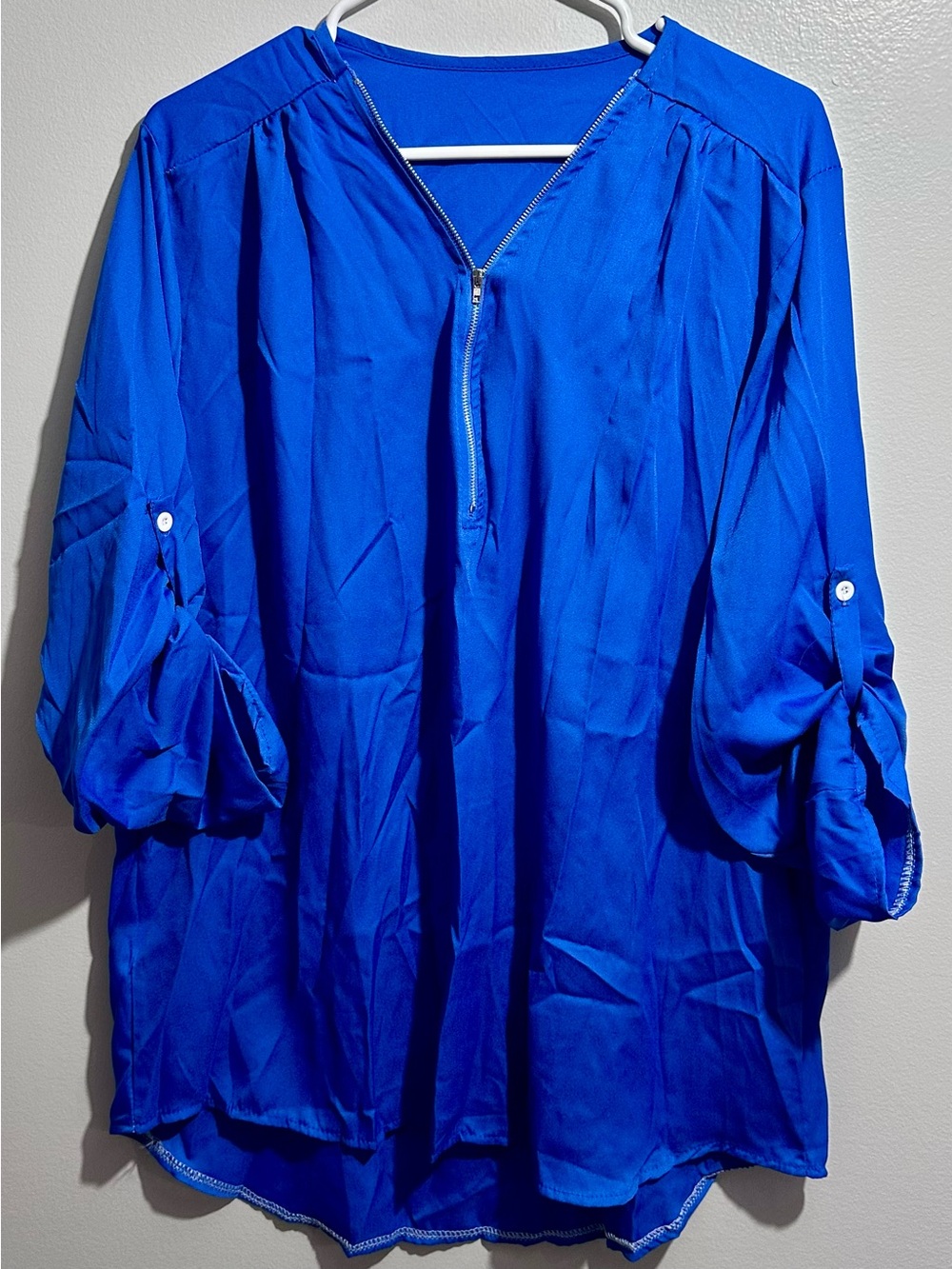 Bright Blue Zip-Front Roll-Tab Blouse Size 2XL (1443)